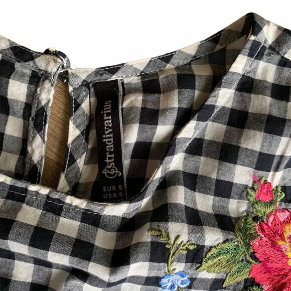 Stradivarius Gingham Bell Sleeved Floral Embroidered Top S - Picture 5 of 8